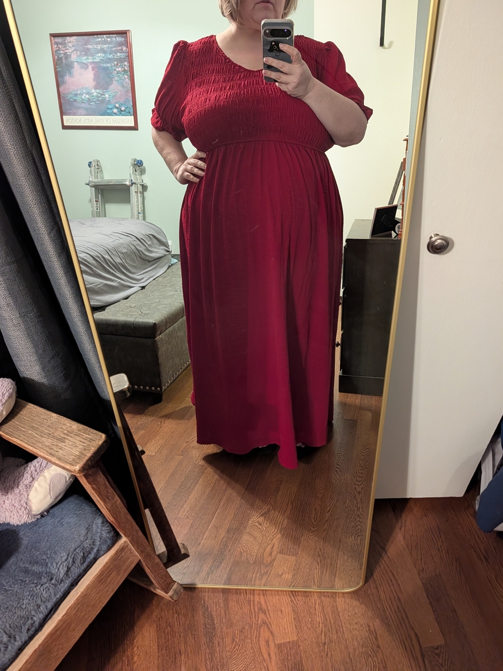 Plus-Size Red Maxi Dress with Smocked Bodice